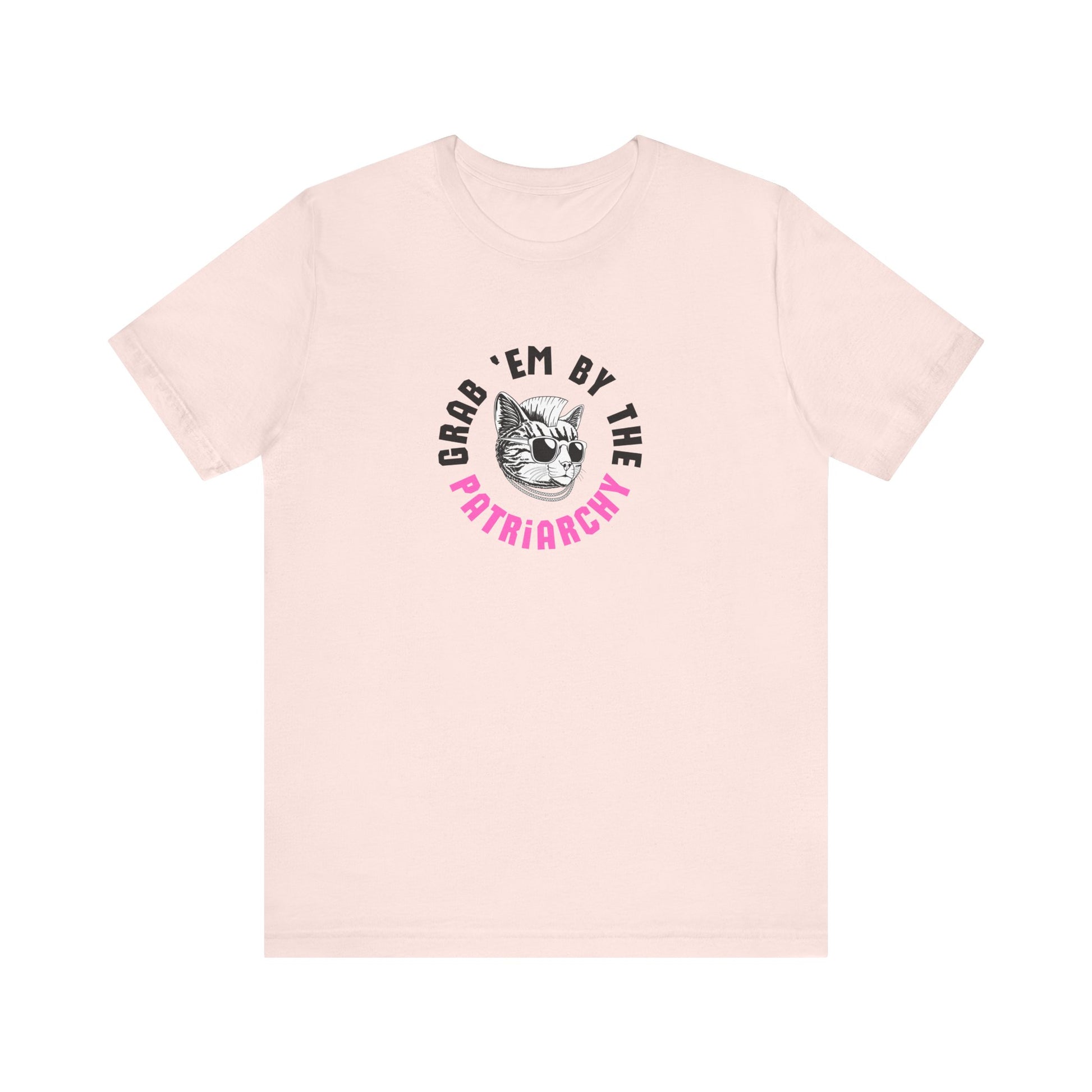 Pink t-shirt with punk rock graphic design and black and hot pink text "grab 'em by the patriarchy"