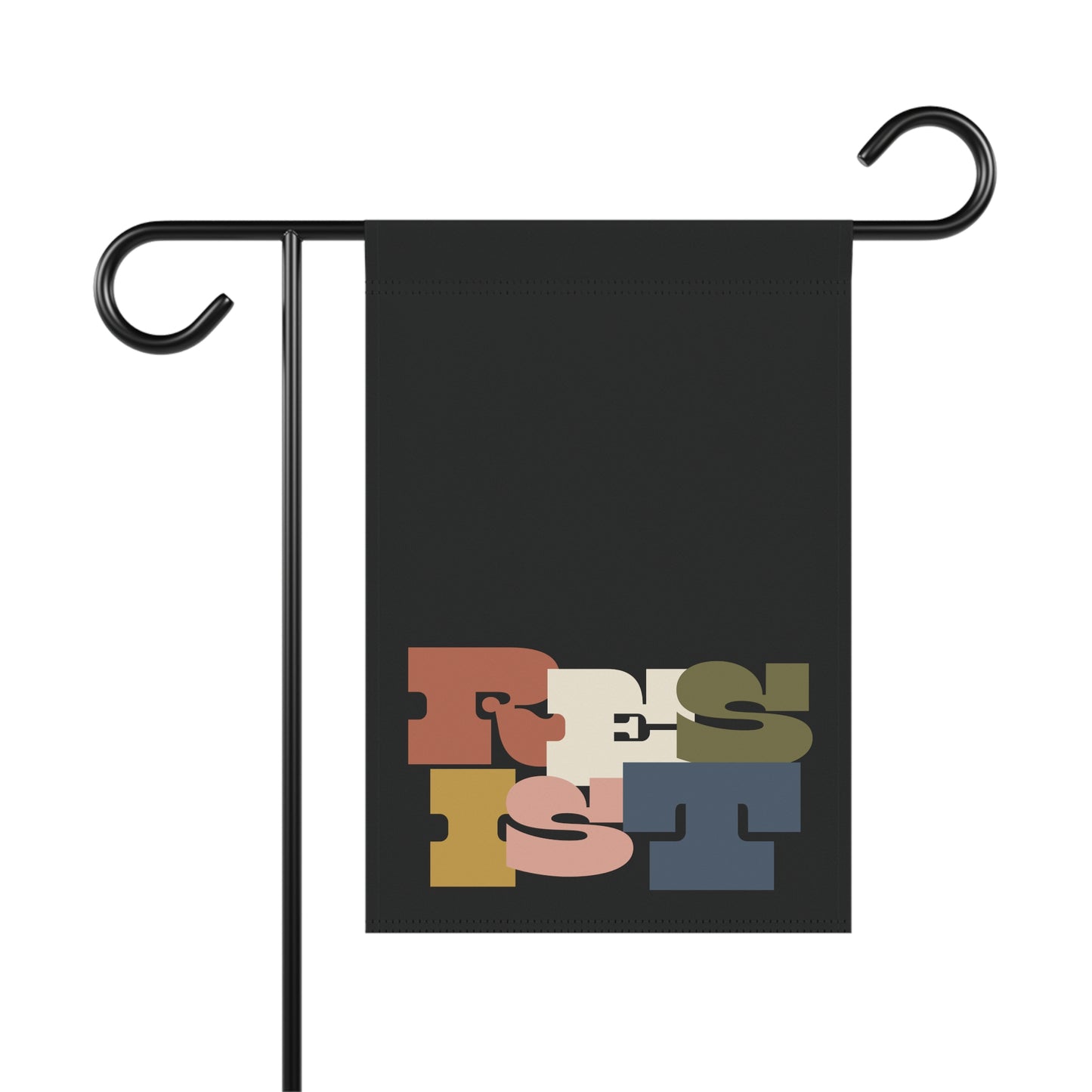 Garden flag with colorful 'RESIST' text on a black background