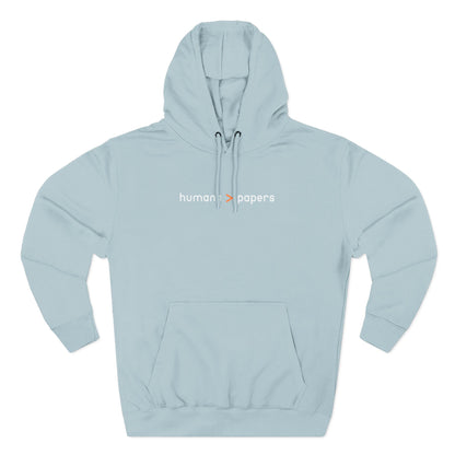 Light blue hoodie with 'human > papers' white and orange text