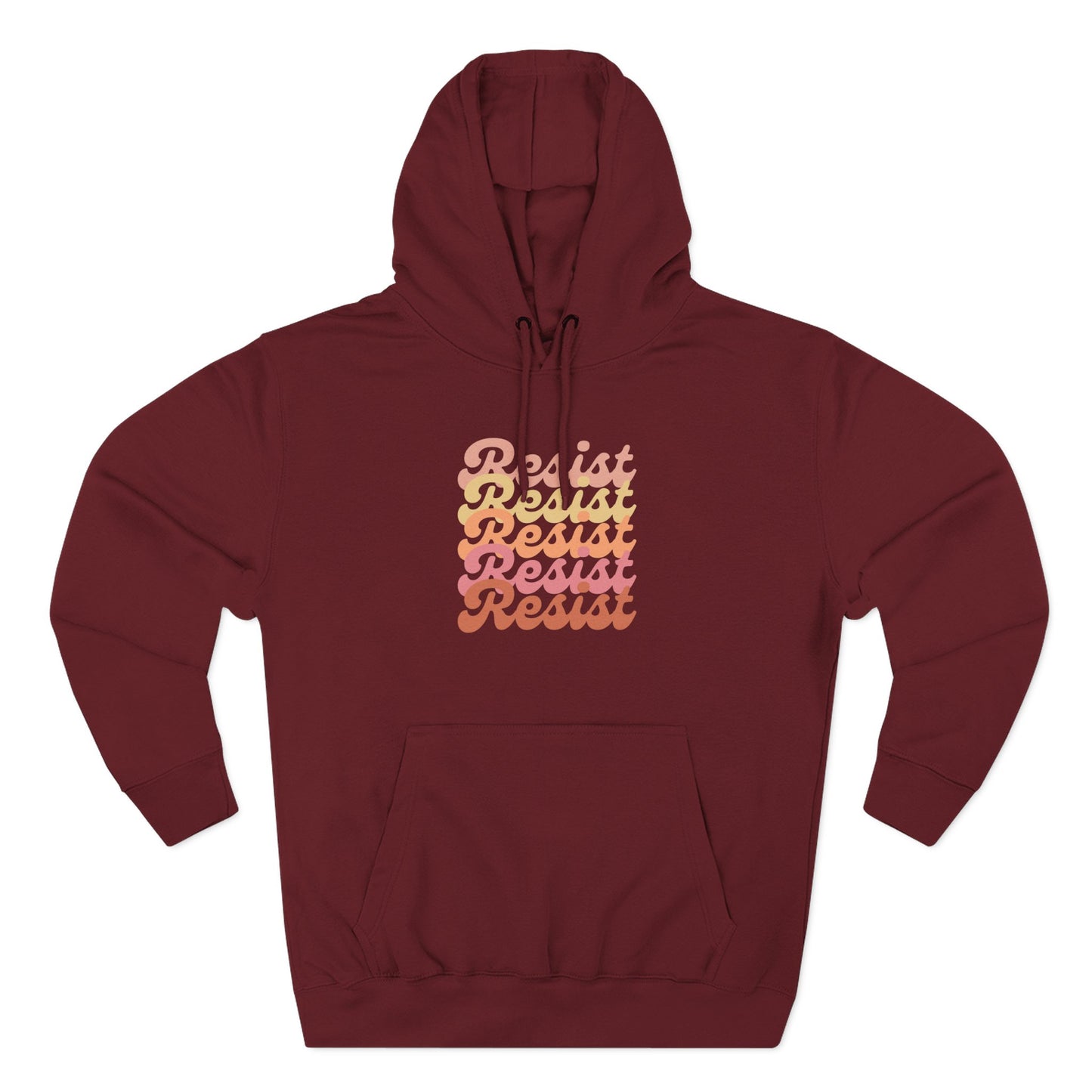 Maroon hoodie with 'Resist' text in gradient colors 