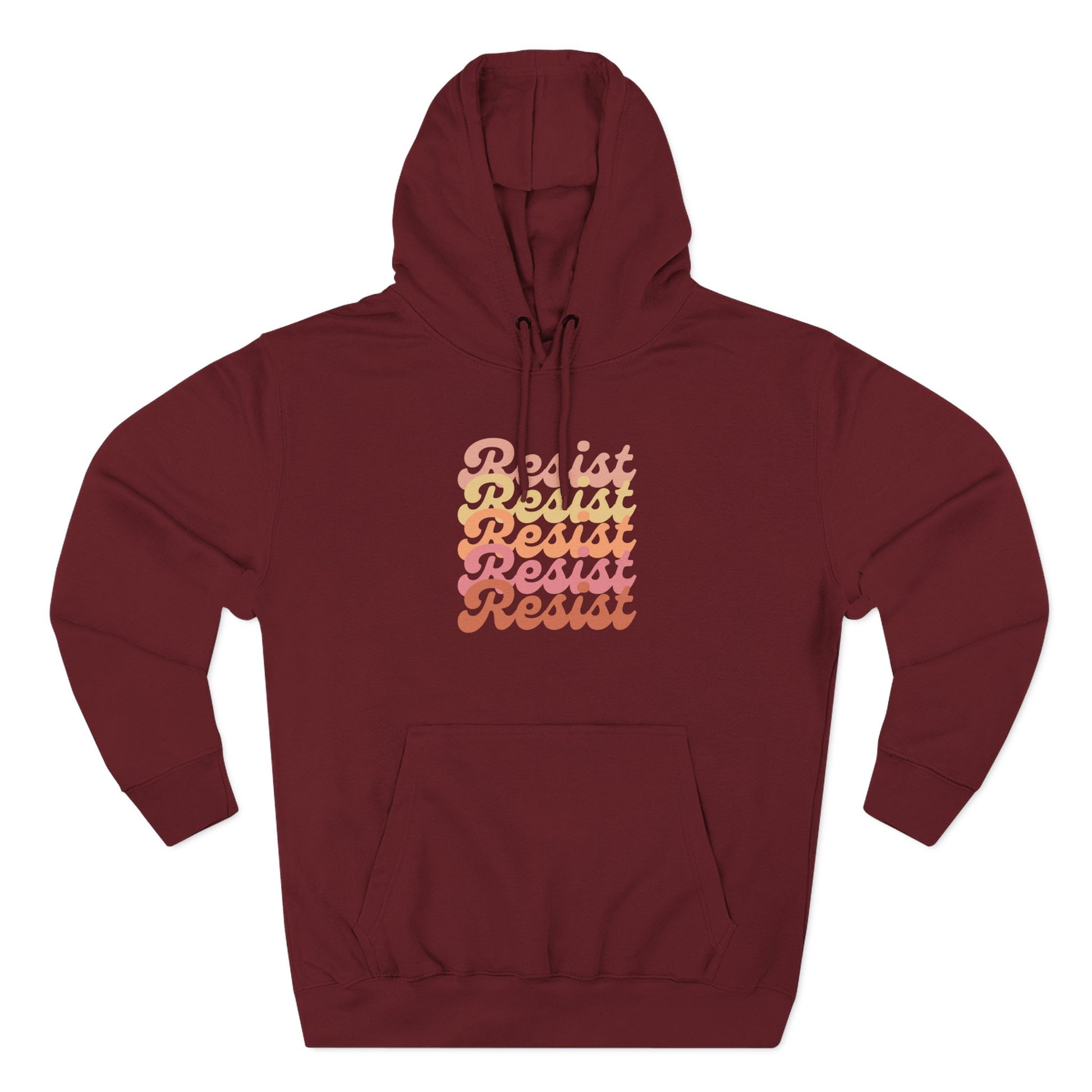 Maroon hoodie with 'Resist' text in gradient colors 