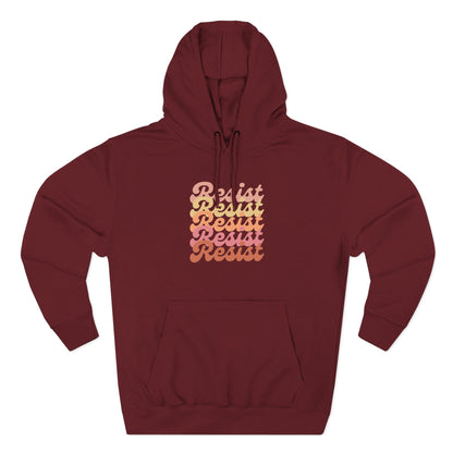 Maroon hoodie with 'Resist' text in gradient colors 