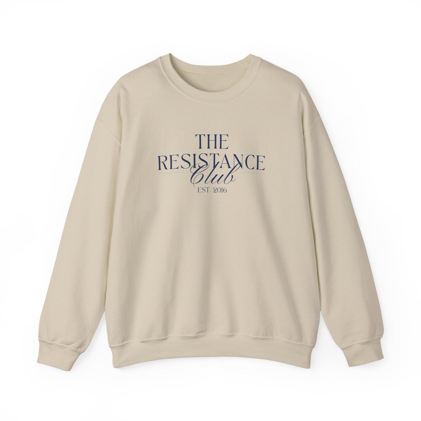 Tan unisex crewneck sweatshirt with 'The Resistance Club Est. 2016' navy blue text
