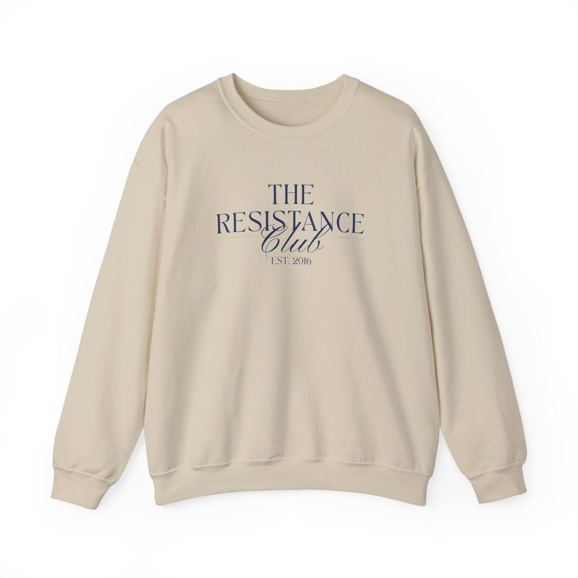 Tan unisex crewneck sweatshirt with 'The Resistance Club Est. 2016' navy blue text