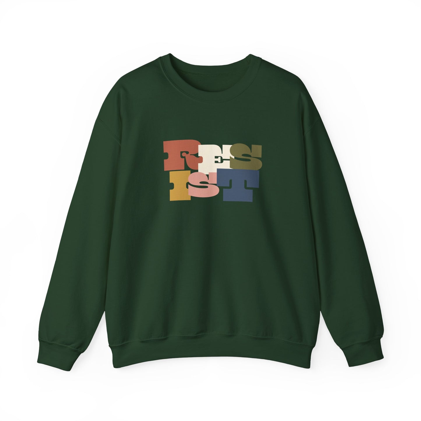 Dark green sweatshirt with colorful 'RESIST' text 