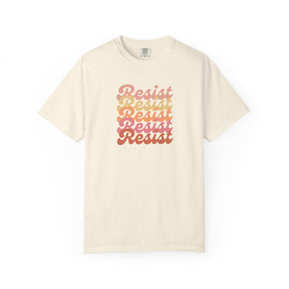 Beige unisex t-shirt with 'Resist' text in a gradient of colors 