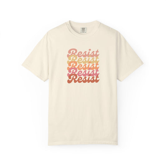 Beige unisex t-shirt with 'Resist' text in a gradient of colors 