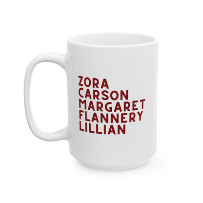 White mug with red text "Zora, Carson, Margaret, Flannery, Lillian"