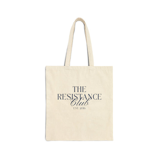 Beige canvas tote bag with 'The Resistance Club Est. 2016' navy blue text