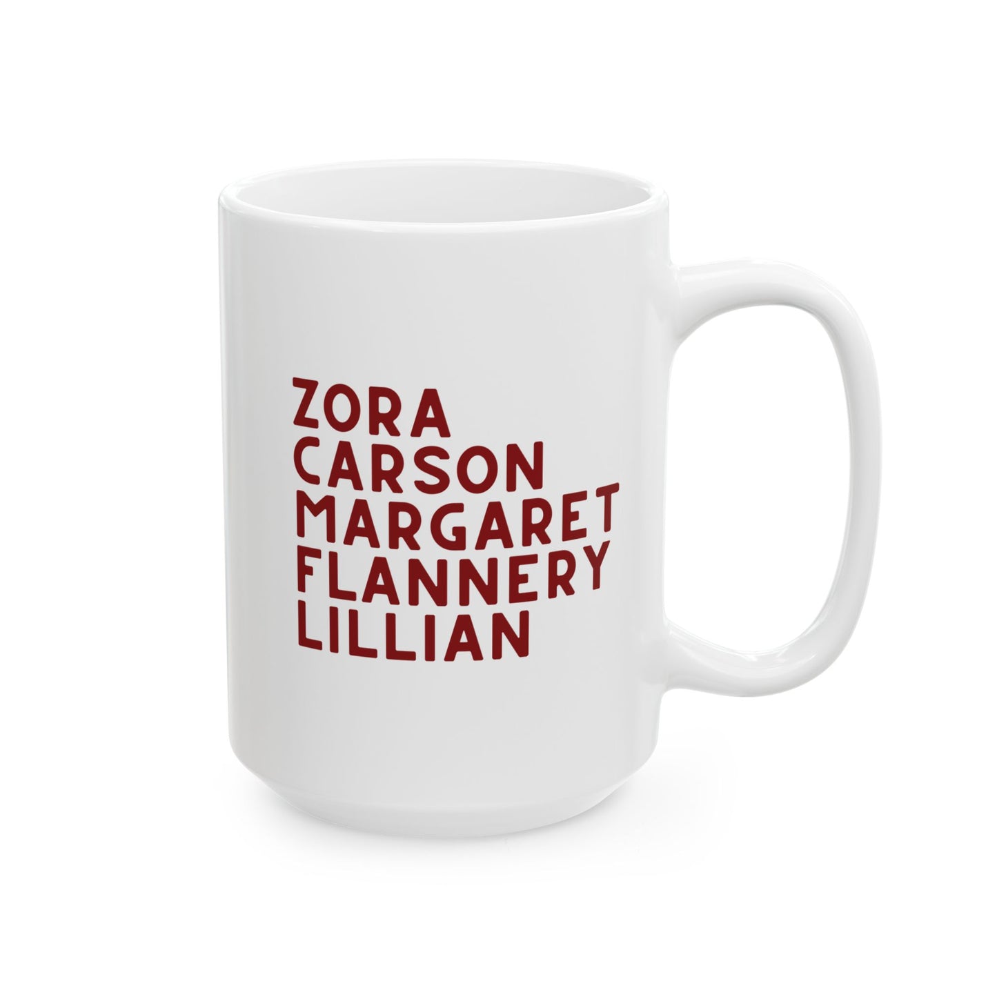 White mug with red text "Zora, Carson, Margaret, Flannery, Lillian"