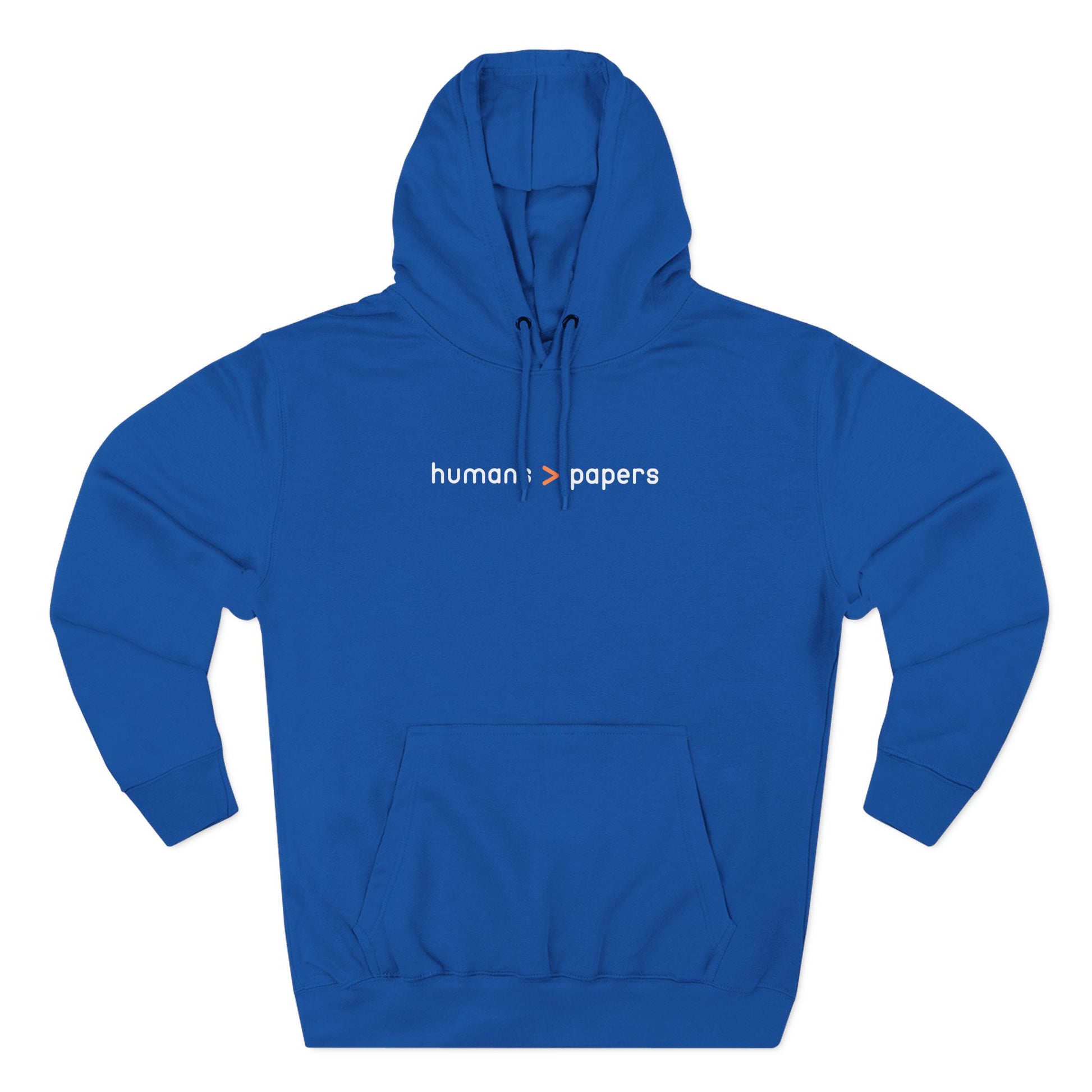 Royal blue hoodie with 'human > papers' white and orange text