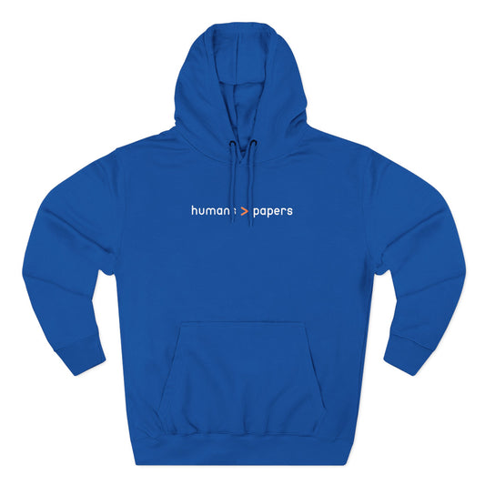 Royal blue hoodie with 'human > papers' white and orange text