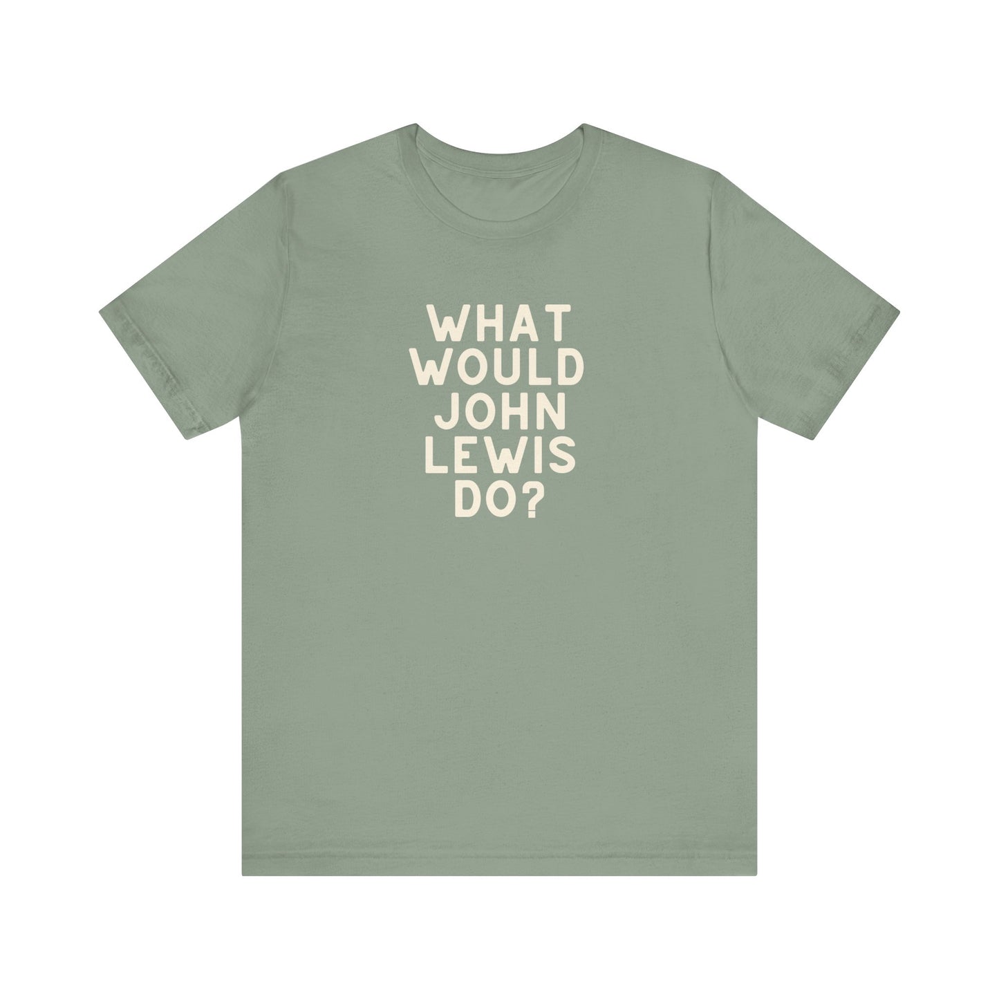 Sage green unisex t-shirt with 'What Would John Lewis Do?' cream text