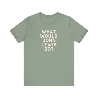 Sage green unisex t-shirt with 'What Would John Lewis Do?' cream text
