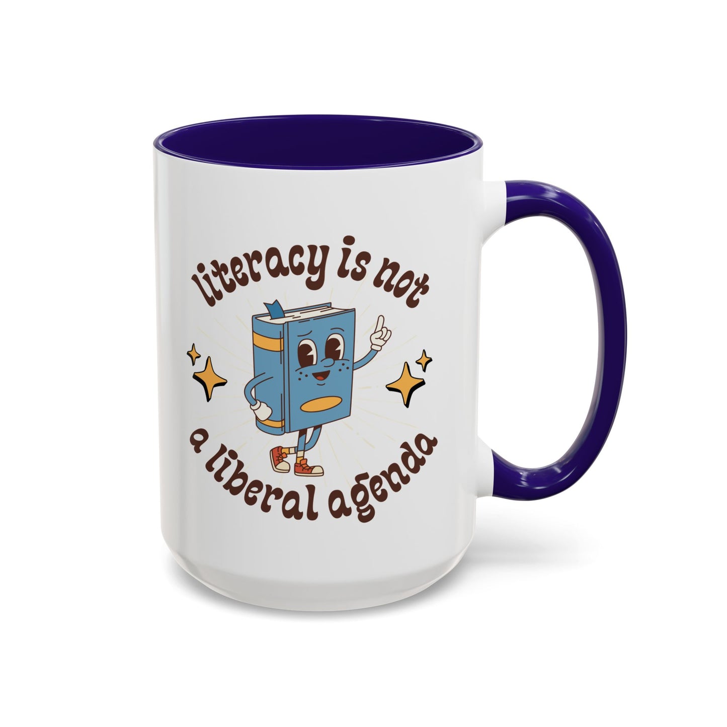 White ceramic 15 oz coffee or tea mug with blue interior and handle with cartoon book character graphic and text 'literacy is not a liberal agenda' 