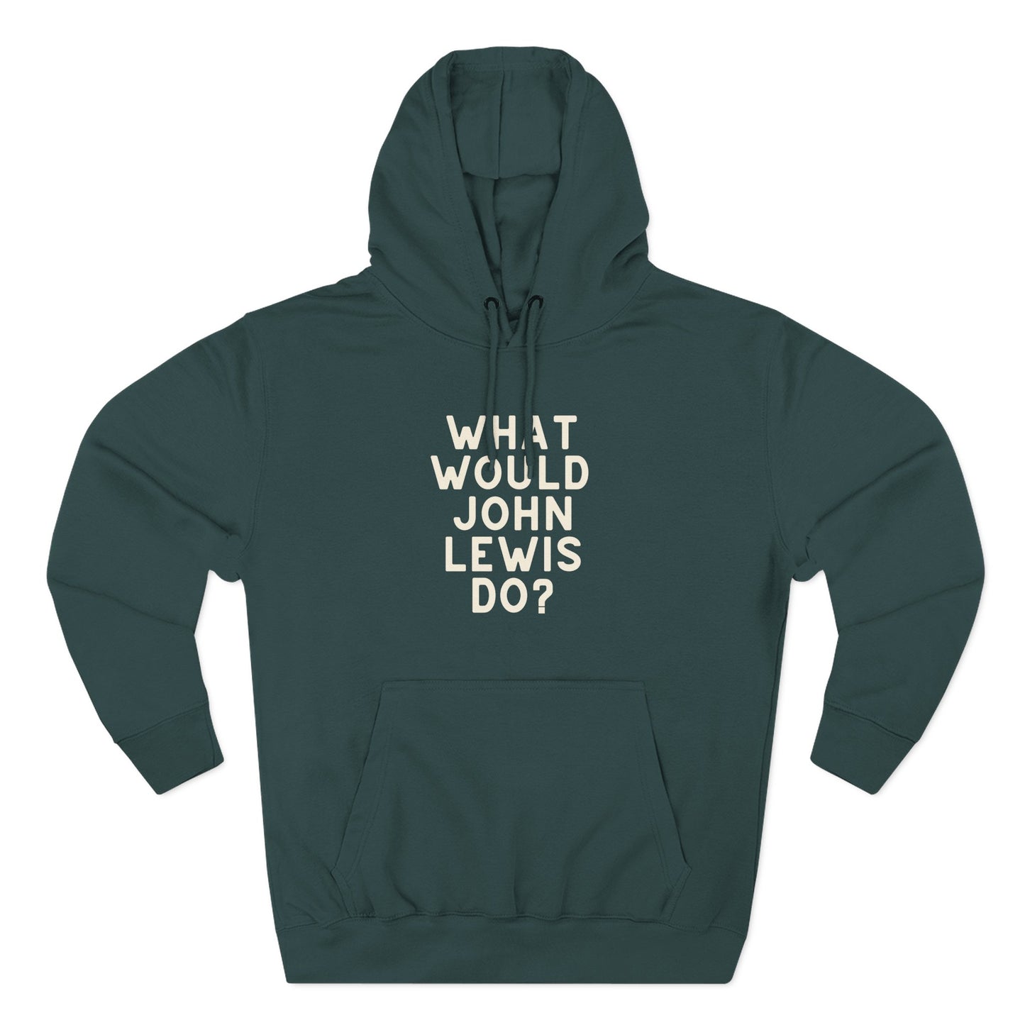 Green hoodie with 'What Would John Lewis Do?' cream text