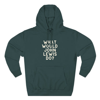 Green hoodie with 'What Would John Lewis Do?' cream text