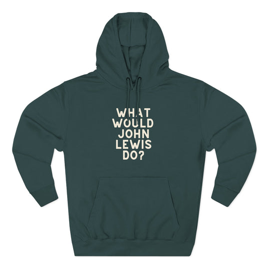 Green hoodie with 'What Would John Lewis Do?' cream text