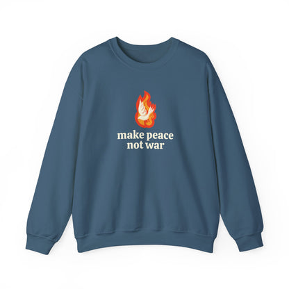 Indigo blue sweatshirt with an orange flame graphic with a white dove over it and 'make peace not war' cream text