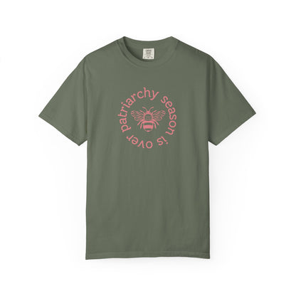 Military green unisex Comfort Colors t-shirt pink "patriarchy season is over" text circling around a queen bee graphic 