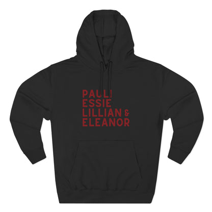 Black hoodie with red text "Pauli, Essie, Lillian & Eleanor"