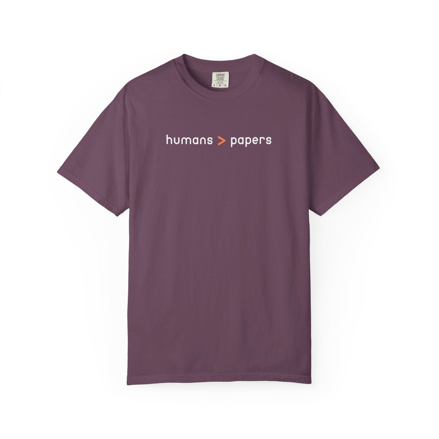 Berry t-shirt with white and orange 'humans > papers' text 