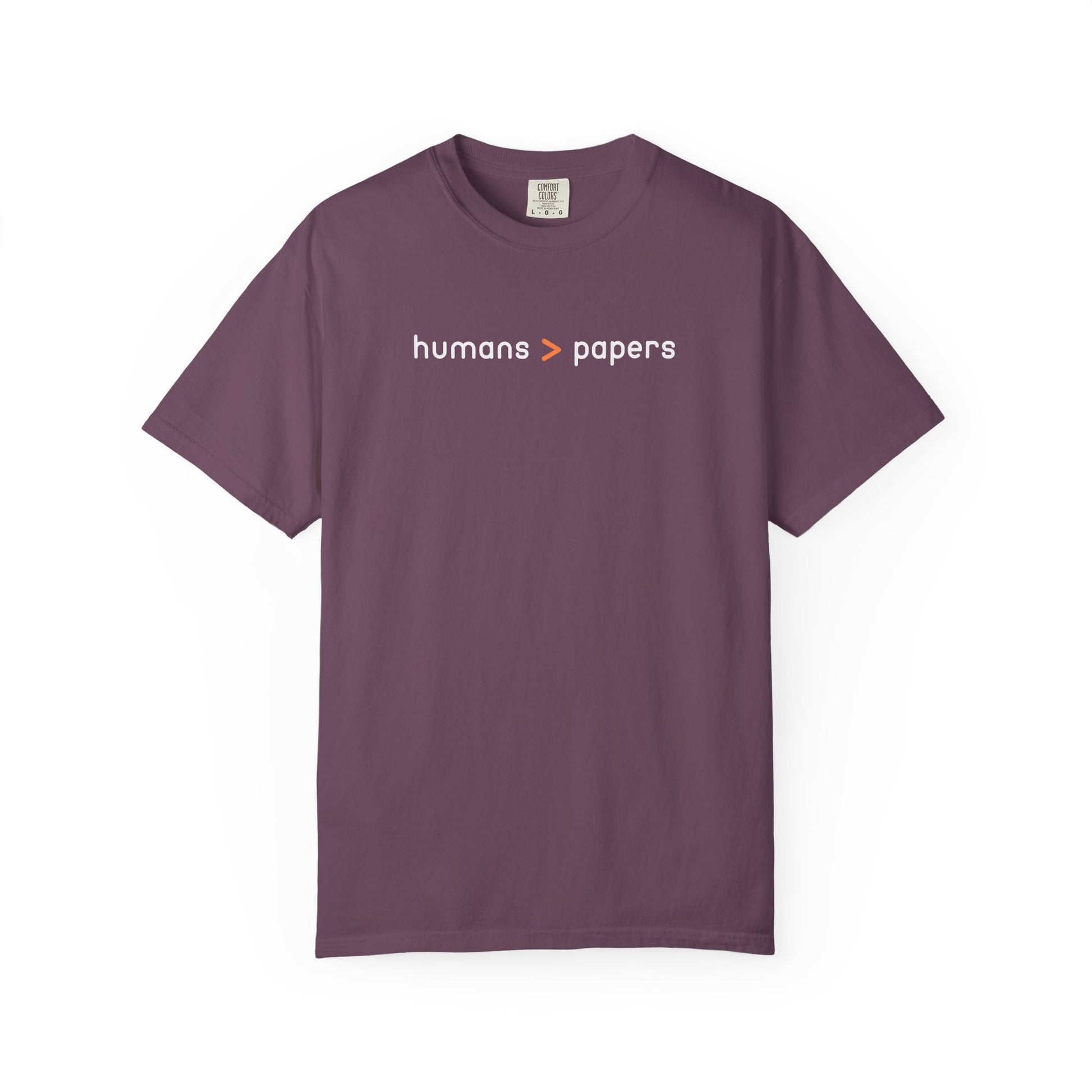 Berry t-shirt with white and orange 'humans > papers' text 