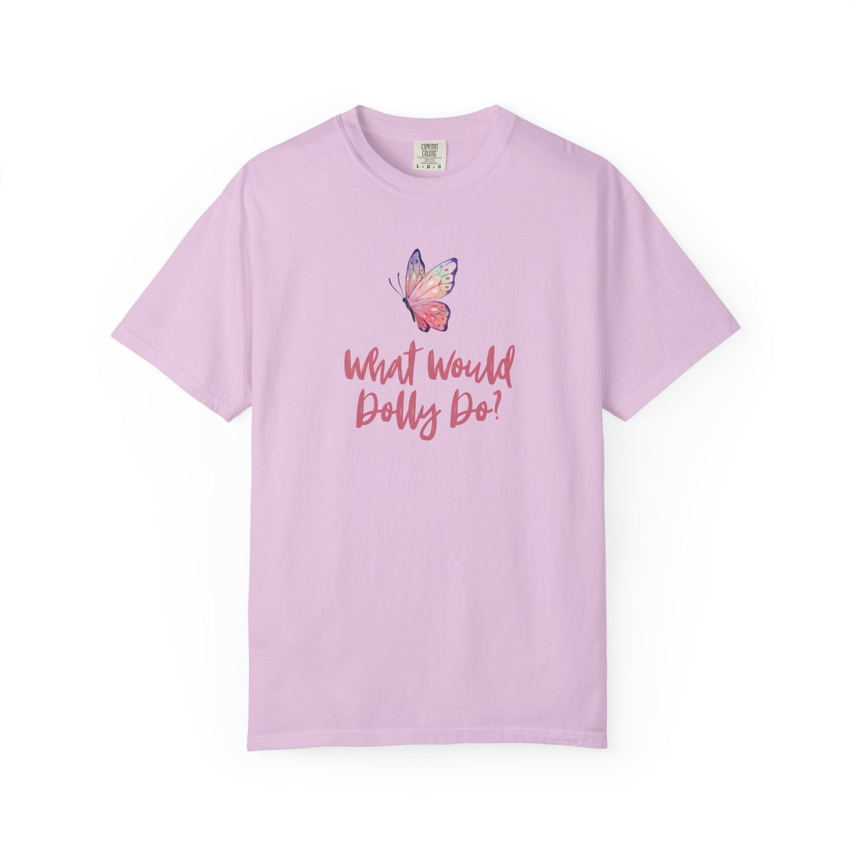 A light purple short-sleeve t-shirt with a colorful butterfly graphic and the text 'What Would Dolly Do!' printed on the front, displayed against a solid white background.