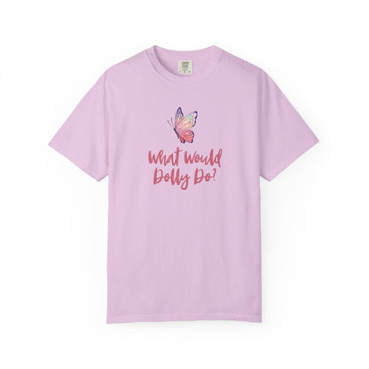 A light purple short-sleeve t-shirt with a colorful butterfly graphic and the text 'What Would Dolly Do!' printed on the front, displayed against a solid white background.