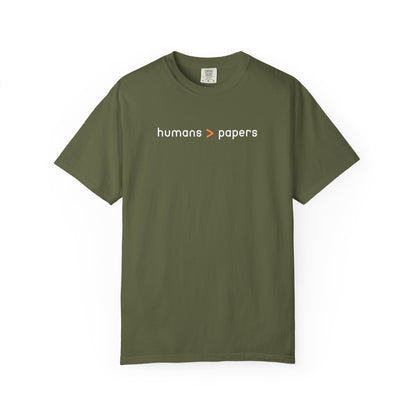 Green t-shirt with white and orange 'humans > papers' text 