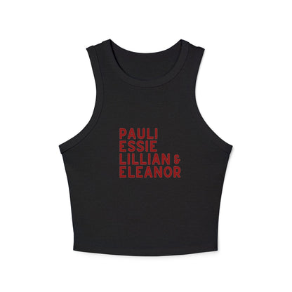 Black women's tank top with red text "Pauli, Essie, Lillian & Eleanor" 