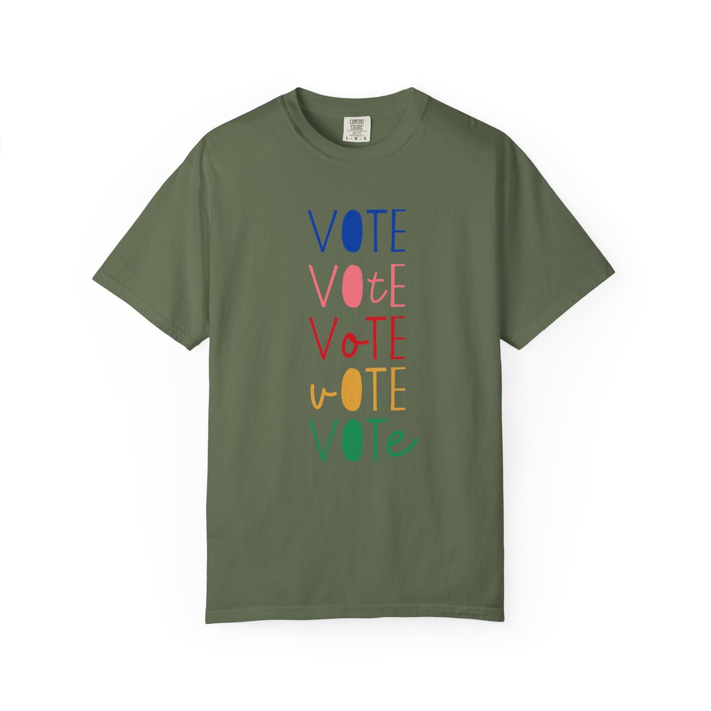 A military green short-sleeve t-shirt with a vertical graphic spelling 'VOTE' in alternating blue, pink, red, yellow, and green colors, displayed on a clean white background.