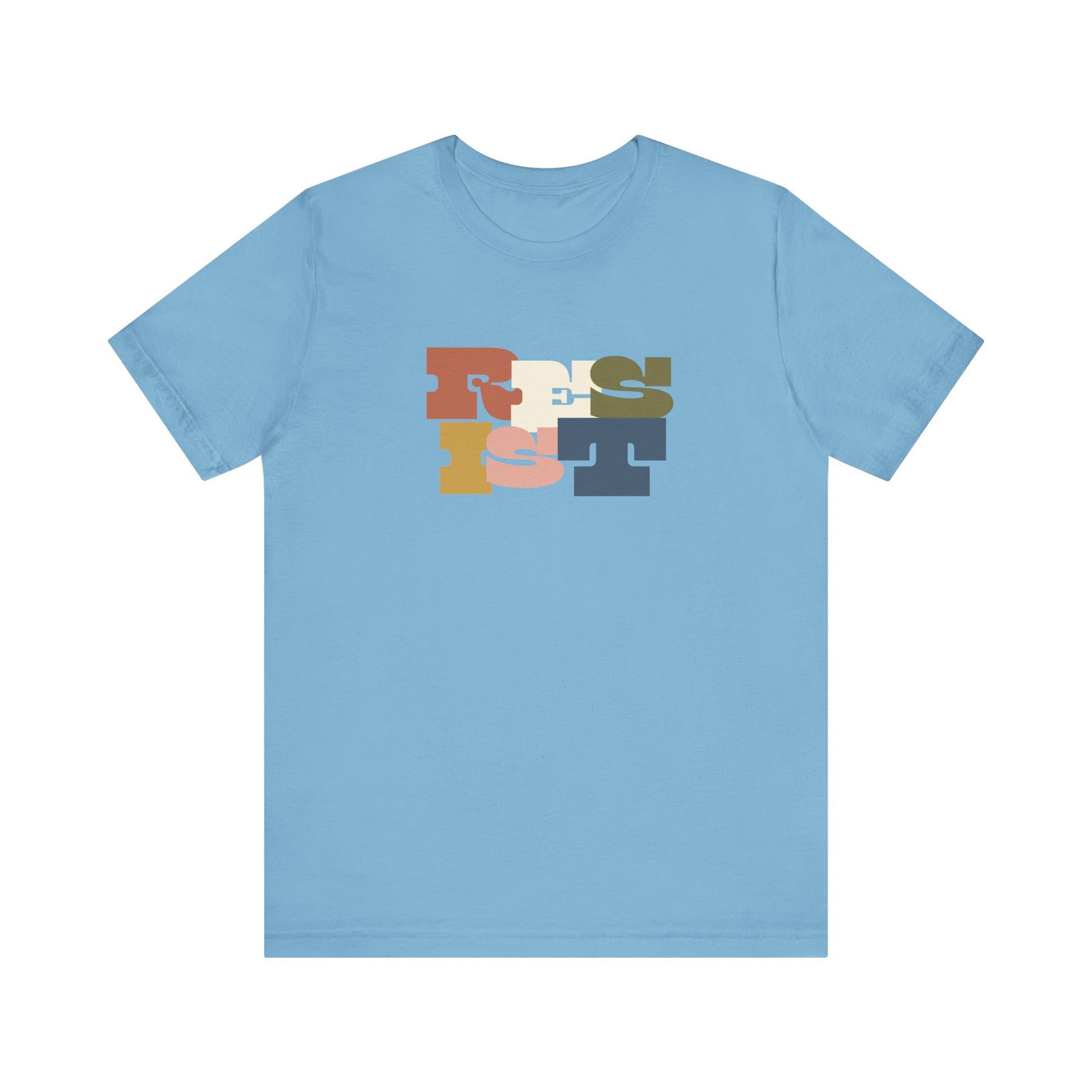 Light blue t-shirt with colorful 'RESIST' graphic 