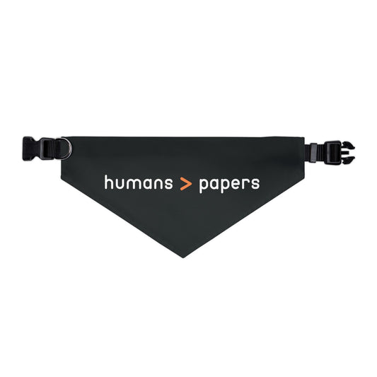 Black bandana with 'humans > papers' white and orange text