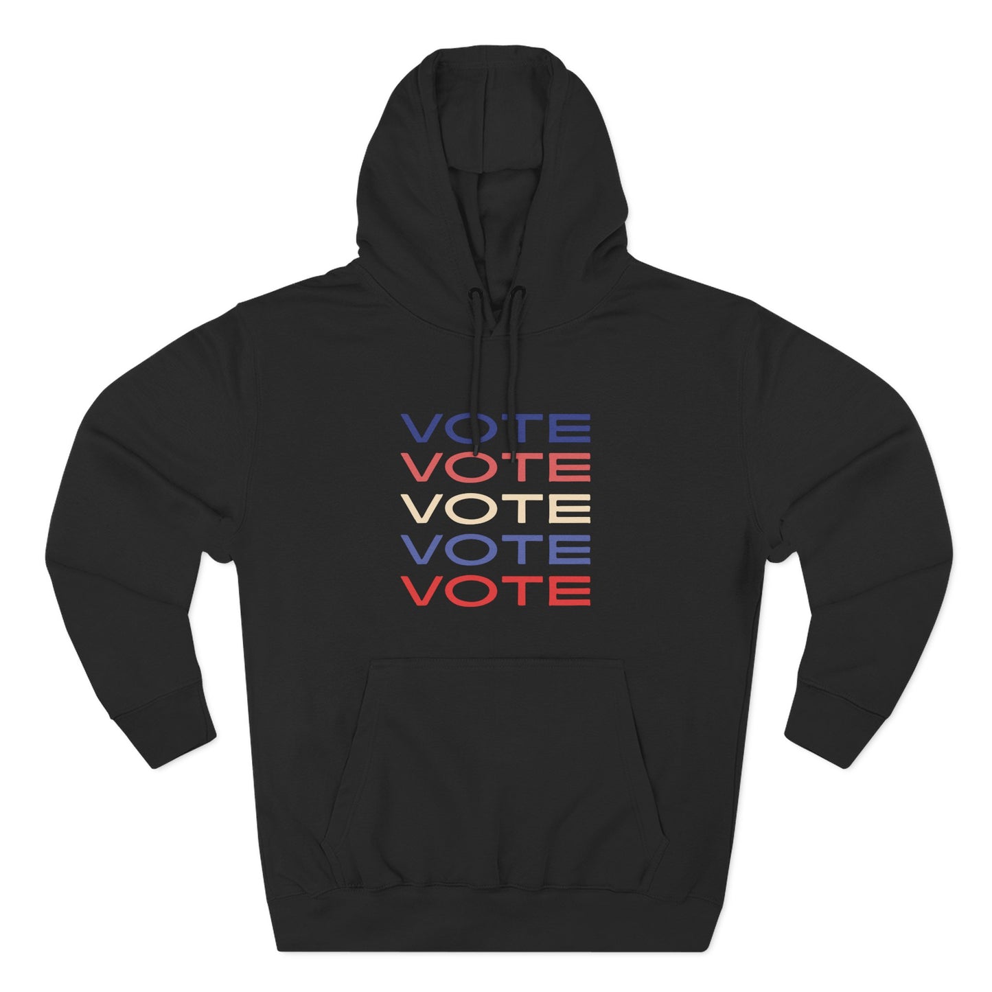 A black pullover hoodie with a front kangaroo pocket and drawstring hood, featuring a stacked 'VOTE' graphic in blue, red, and cream on the chest, displayed on a clean white background.