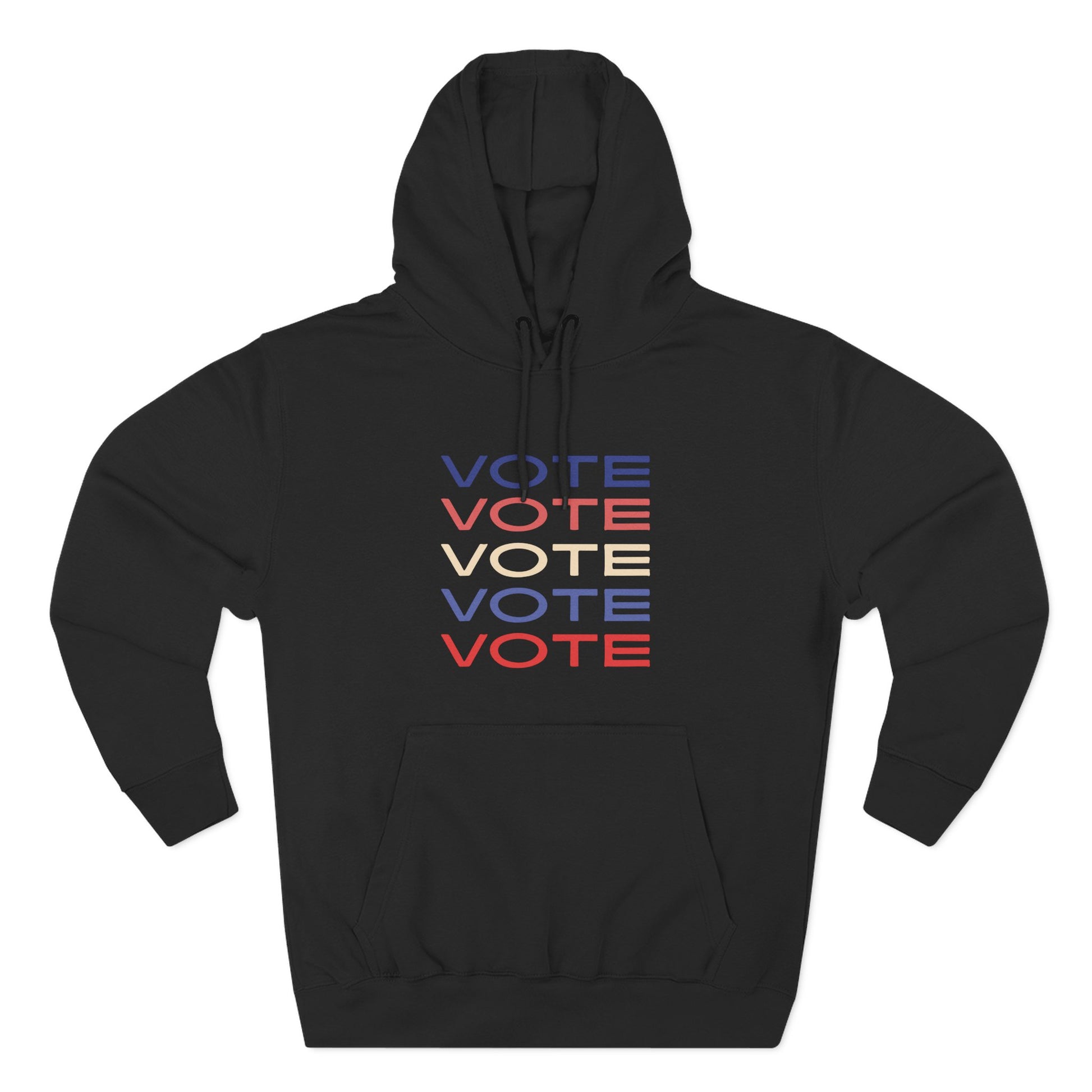 A black pullover hoodie with a front kangaroo pocket and drawstring hood, featuring a stacked 'VOTE' graphic in blue, red, and cream on the chest, displayed on a clean white background.