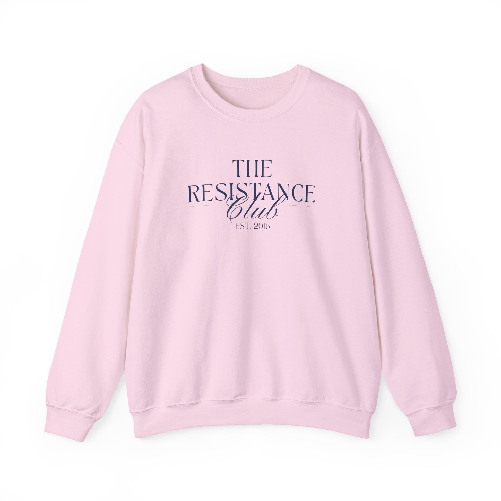 Light pink unisex crewneck sweatshirt with 'The Resistance Club Est. 2016' navy blue text