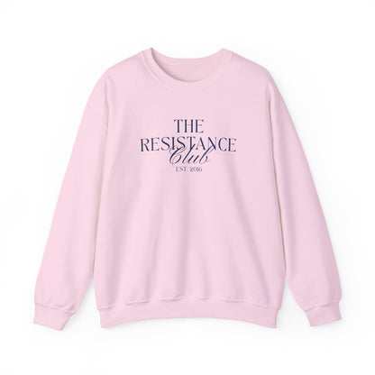 Light pink unisex crewneck sweatshirt with 'The Resistance Club Est. 2016' navy blue text