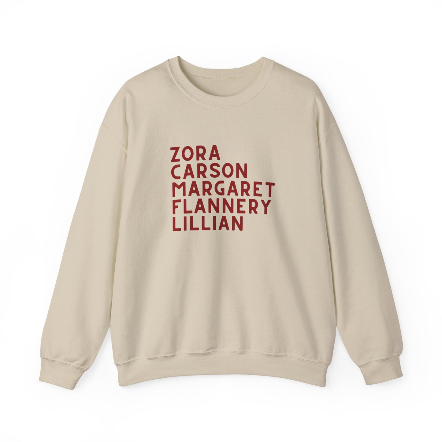Beige sweatshirt with red text "Zora, Carson, Margaret, Flannery, Lillian"