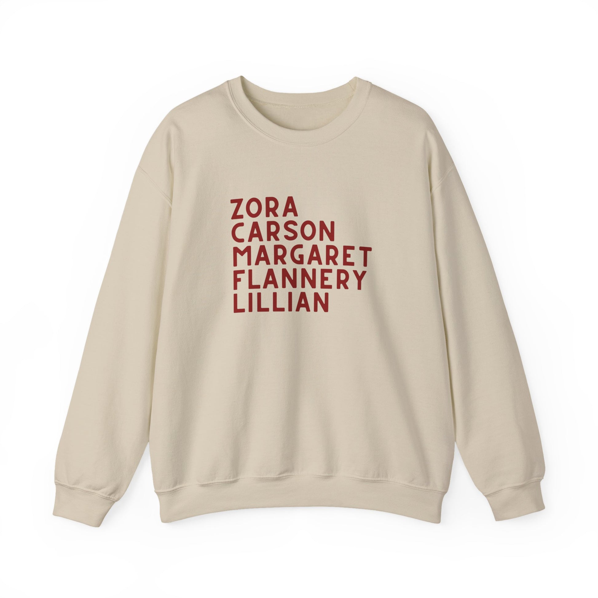 Beige sweatshirt with red text "Zora, Carson, Margaret, Flannery, Lillian"