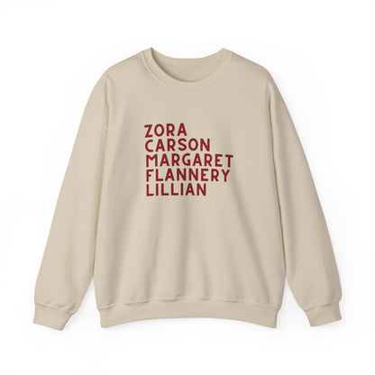Beige sweatshirt with red text "Zora, Carson, Margaret, Flannery, Lillian"
