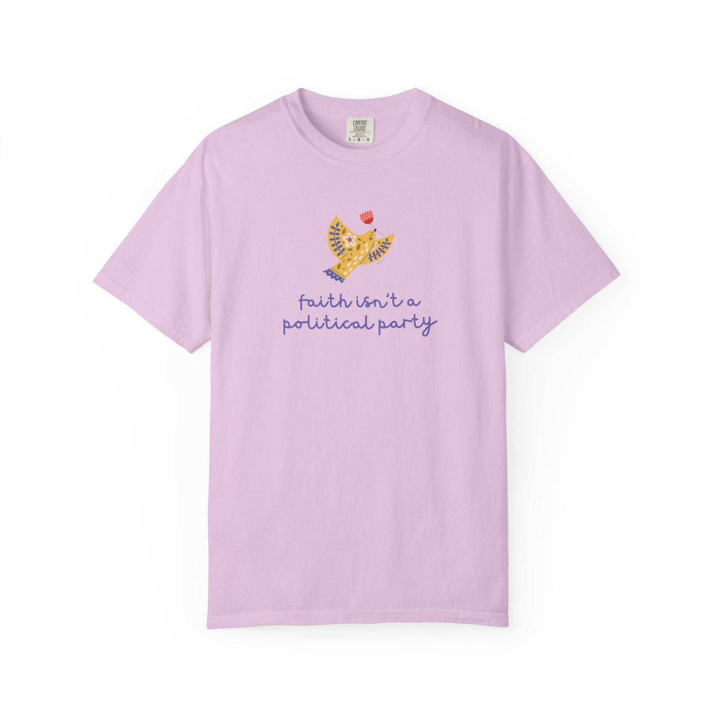 Light purple t-shirt with a folk art dove graphic and purple text "faith isn't a political party"