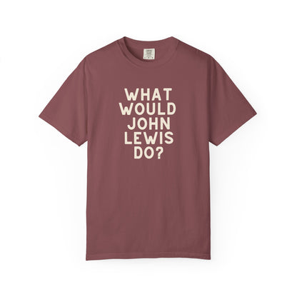 Dark mauve t-shirt with 'What Would John Lewis Do?' in cream text