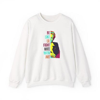 White sweatshirt with colorful graphic of Lillian Smith and text "be like lil, fight hate with art"