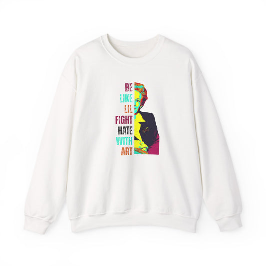 White sweatshirt with colorful graphic of Lillian Smith and text "be like lil, fight hate with art"