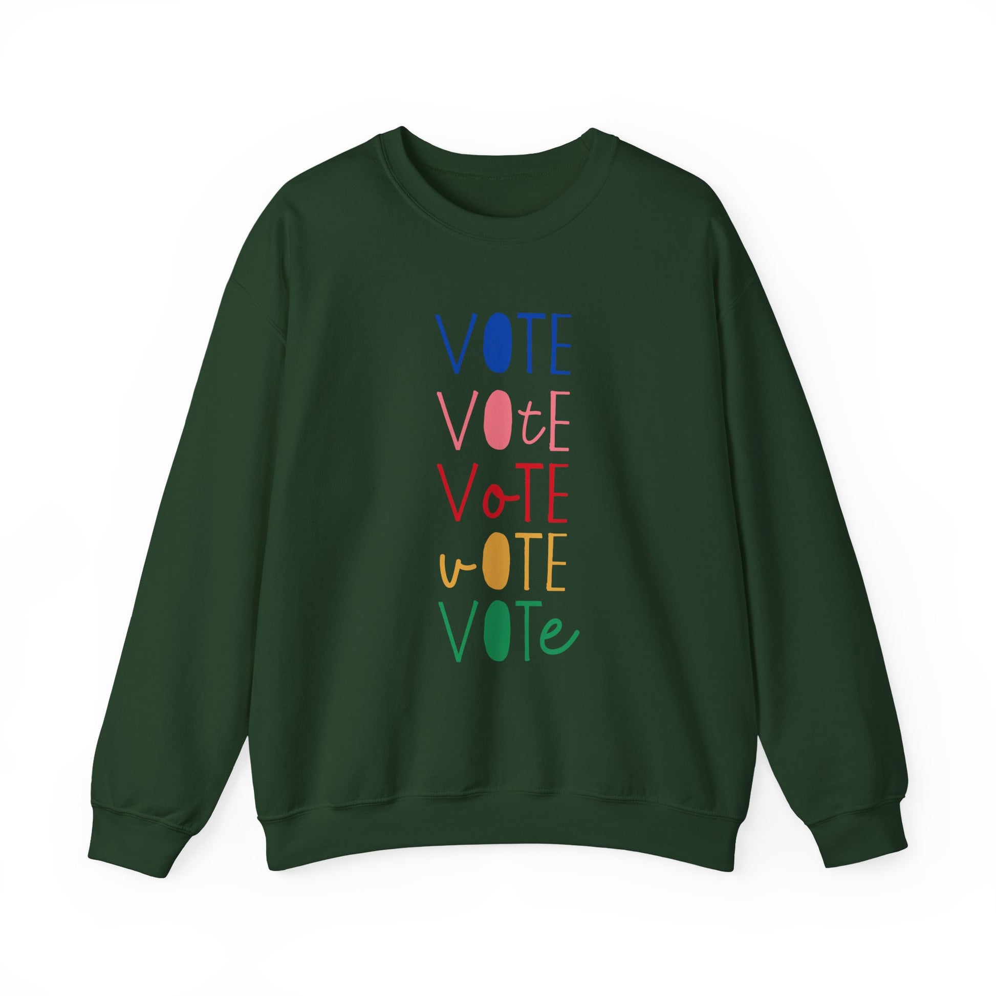 A dark green crewneck sweatshirt featuring a vertical graphic print of the word 'VOTE' repeated five times in alternating colors: blue, pink, red, yellow, and green.