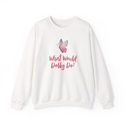 White sweatshirt with butterfly graphic and dark pink text "What Would Dolly Do?"