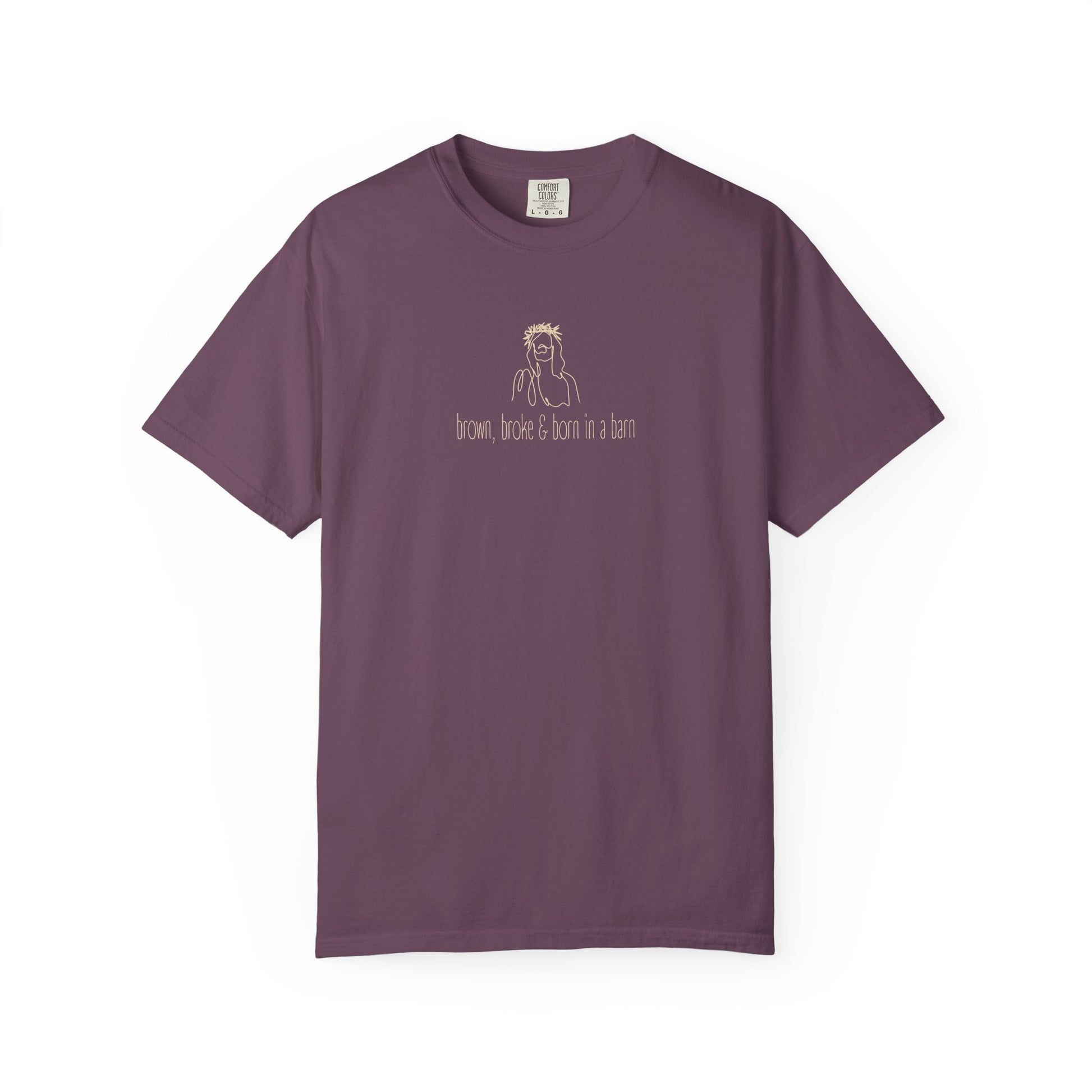 Plum purple unisex Comfort Colors t-shirt with Jesus sketch graphic and "brown, broke & born in a barn" in cream text
