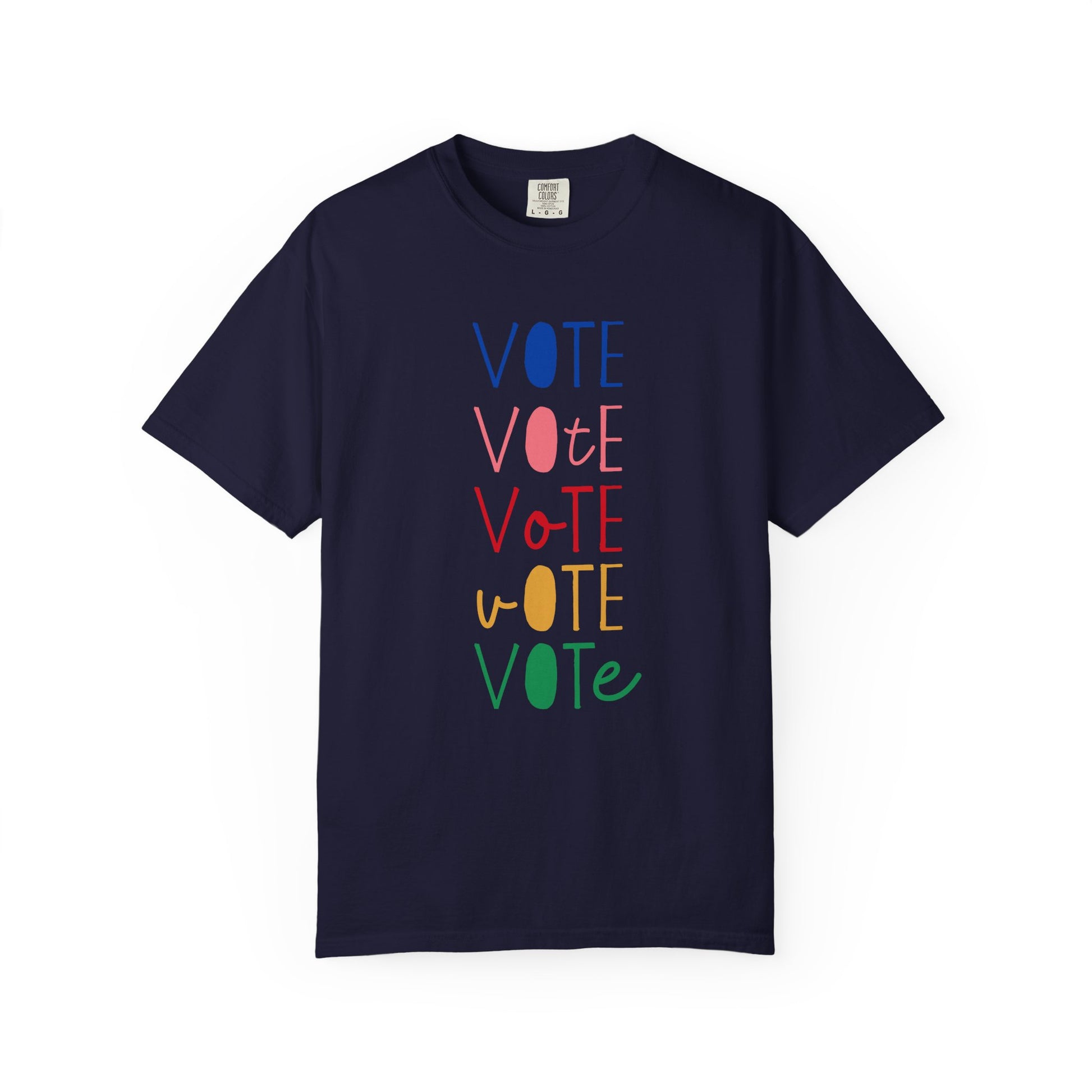 A navy blue short-sleeve t-shirt with a vertical graphic spelling 'VOTE' in alternating blue, pink, red, yellow, and green colors, displayed on a clean white background.
