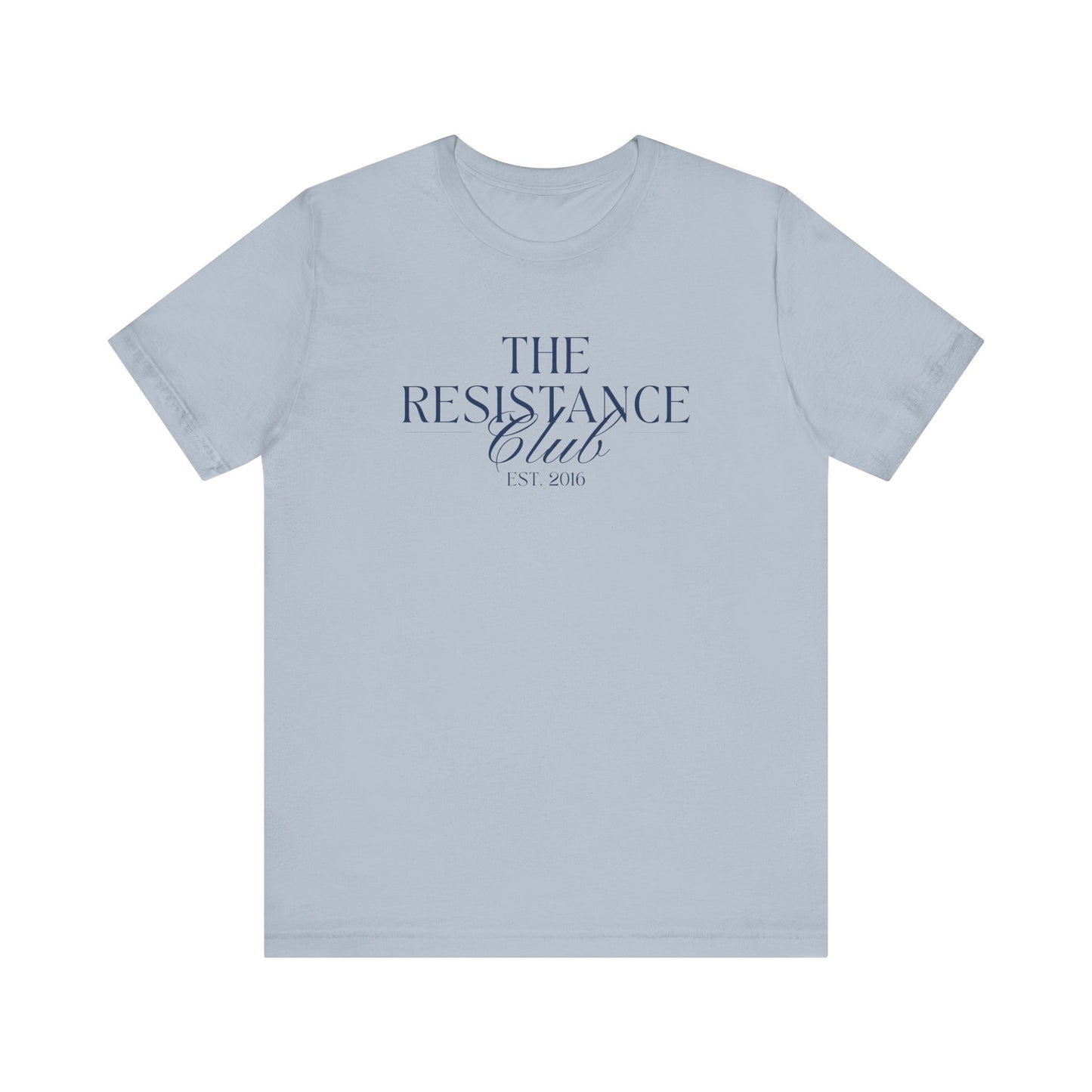 Light blue t-shirt with 'The Resistance Club' text in navy blue 